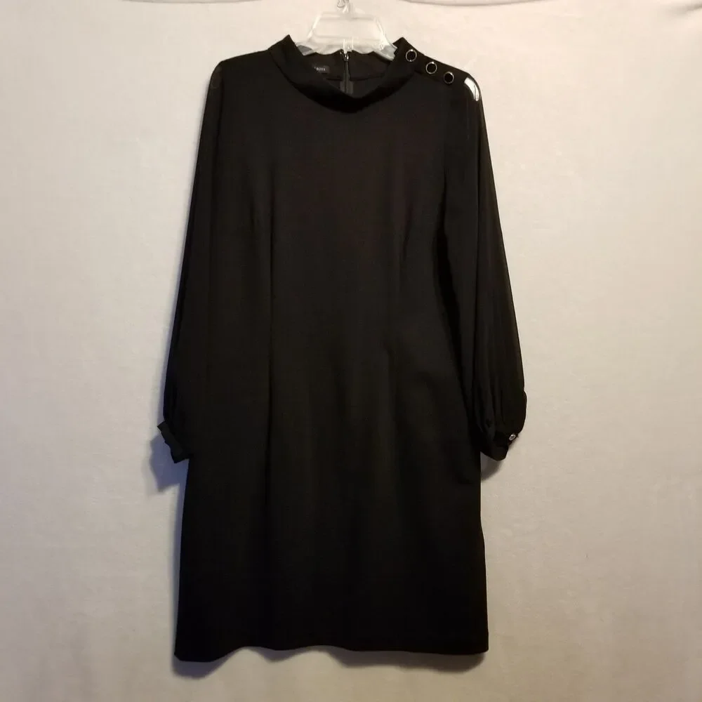 Talbots 10 Dress Black Sheer Sleeves Mock Neck Shift Short Mod Retro Whimsigoth